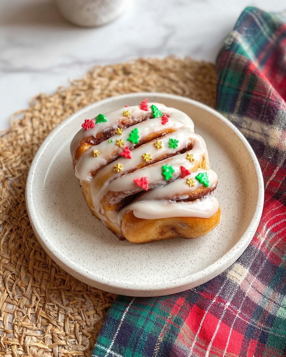 A single cinnamon roll with five visible spiral layers is topped with a smooth, white icing that drips slightly down the sides. The icing is decorated with small, colorful Christmas-themed sprinkles in red, green, and gold shapes like trees and stars. The roll sits on a white speckled plate, which is placed on a textured woven mat with a multicolored plaid cloth nearby, all on a white marbled surface. Photo taken with an iphone --ar 4:5 --v 7