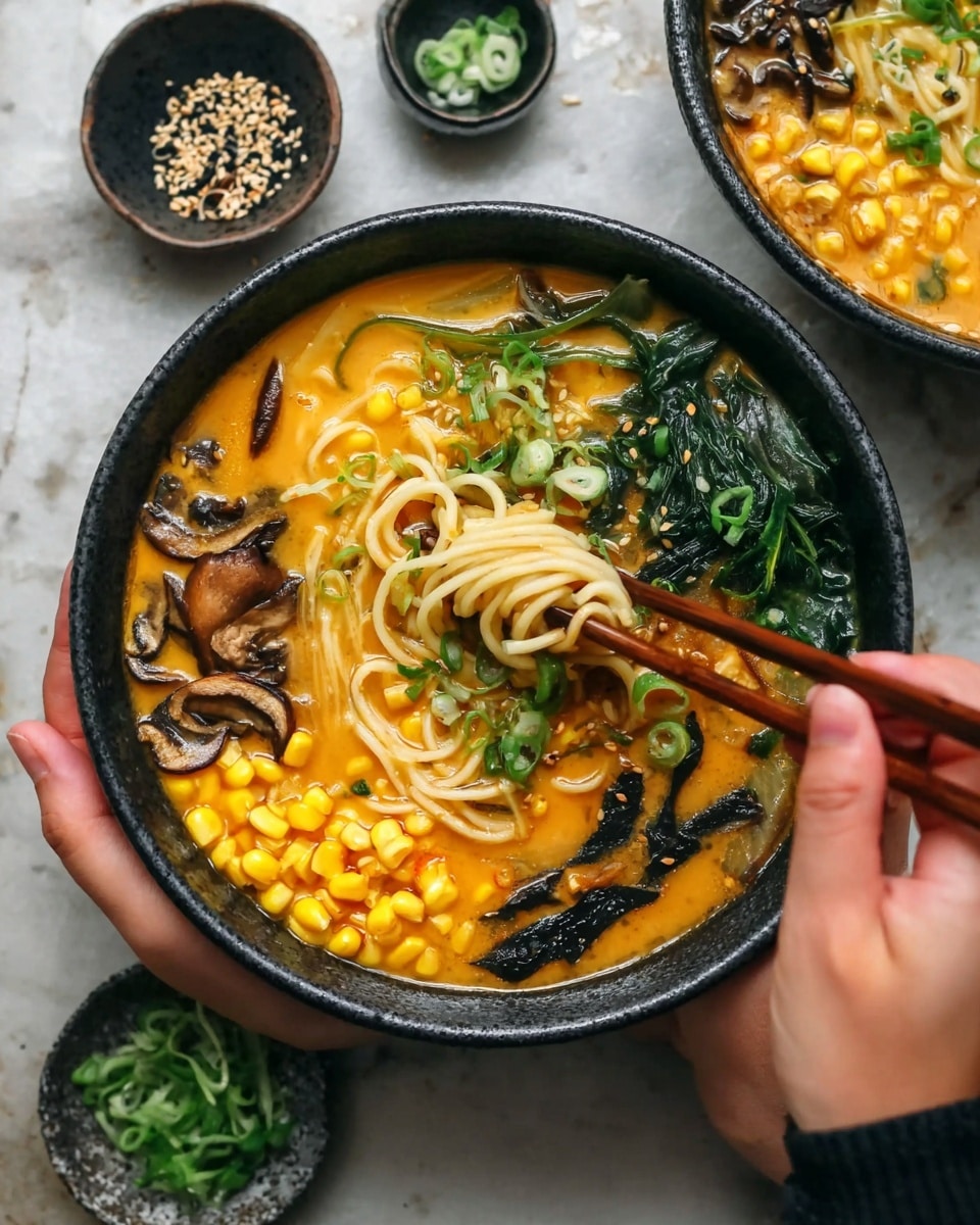A white bowl filled with a rich orange broth holding three main layers: light-colored curled noodles taking up most of the front and center, bright yellow corn kernels piled on the right side, and dark brown sliced mushrooms placed on the far right. On the left side, there are long green leafy vegetables extending from the edge toward the center, with small bits of green onions sprinkled across the soup surface. Black and white sesame seeds are scattered lightly throughout. The bowl sits on a white marbled surface with a pair of dark chopsticks resting on the bowl’s top edge. A small white spoon with chopped green onions is placed near the bowl. Photo taken with an iphone --ar 4:5 --v 7