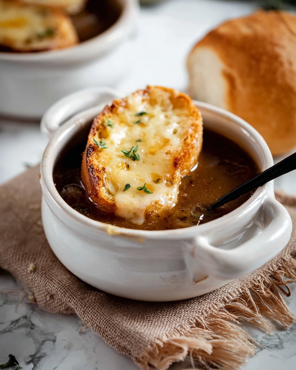 A white bowl filled with brown onion soup that has a thick, chunky texture and some green herbs mixed in. On top of the soup, there are two toasted pieces of bread covered with melted, golden cheese that has some browned edges. A metal spoon is placed inside the bowl on the right side. A woman's hand is holding the bowl on the left side. The background is a white marbled surface with a piece of bread blurred in the distance. photo taken with an iphone --ar 4:5 --v 7
