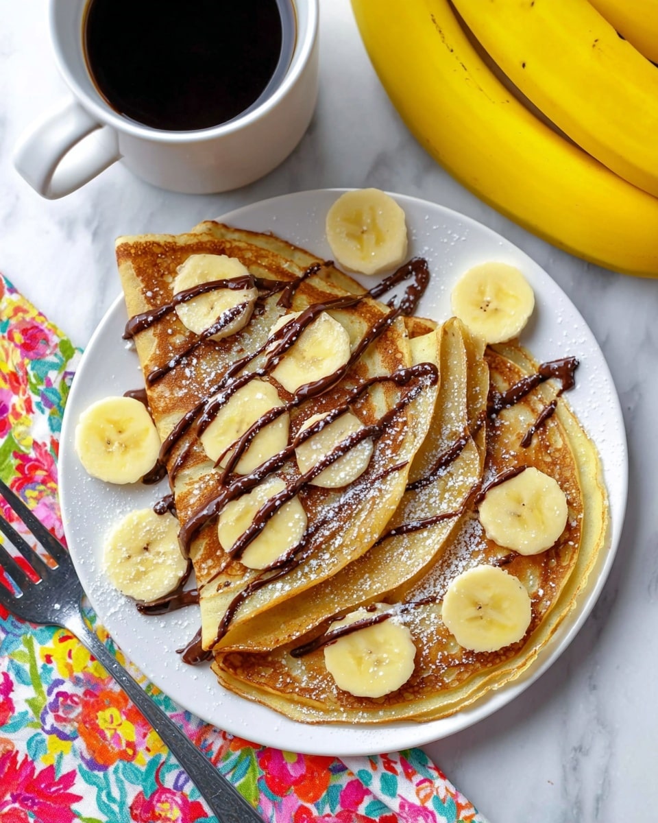A white plate on a white marbled surface holds three folded crepes stacked in a neat pile. Each crepe is golden brown with a smooth texture and is layered with thick, dark chocolate spread and slices of fresh banana. More banana slices are placed on top of the crepes, and thin lines of chocolate drizzle decorate the entire stack. In the background, a bunch of ripe bananas and a jar of chocolate spread add context. A colorful cloth with bright pink, green, and orange patterns is partially visible under the plate. Photo taken with an iphone --ar 4:5 --v 7
