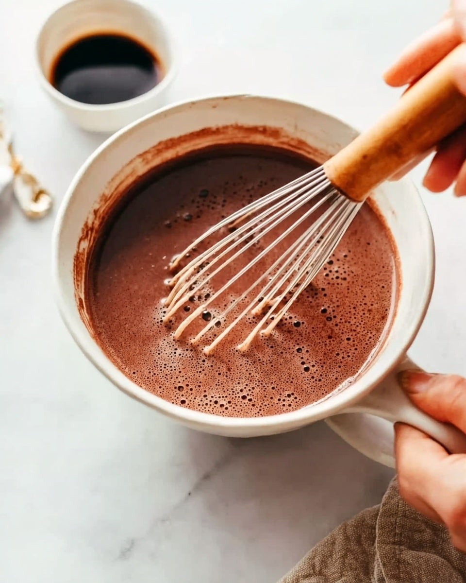 A close-up image showing a woman's hand holding a white bowl with a wooden handle, whisking smooth, thick chocolate batter that is dark brown in color with small bubbles on the surface. The bowl is placed on a white marbled texture, and in the background, there is a small white bowl with dark sauce partially visible. The scene is bright with soft natural light, focusing on the mixing action. Photo taken with an iphone --ar 4:5 --v 7
