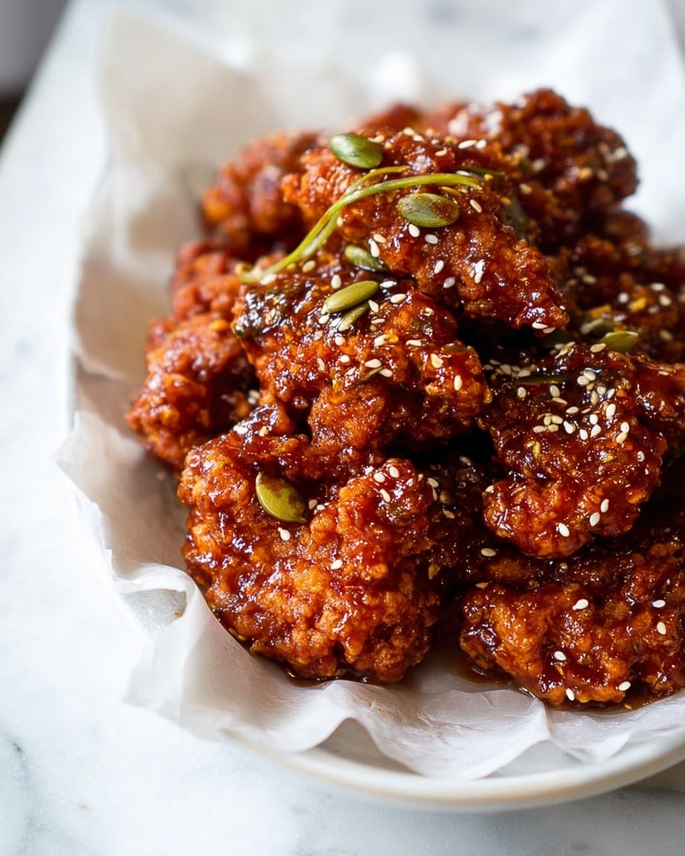 A white plate lined with parchment paper holds a pile of crispy fried chicken pieces coated in a shiny, dark reddish-brown sticky sauce. The chicken pieces are layered closely together with a rough texture, each piece glistening with sauce. Small white sesame seeds are sprinkled lightly on top, along with a few green pumpkin seeds, adding some color contrast. The plate is placed on a white marbled surface, with soft natural light highlighting the shiny and textured details of the saucy chicken. photo taken with an iphone --ar 4:5 --v 7