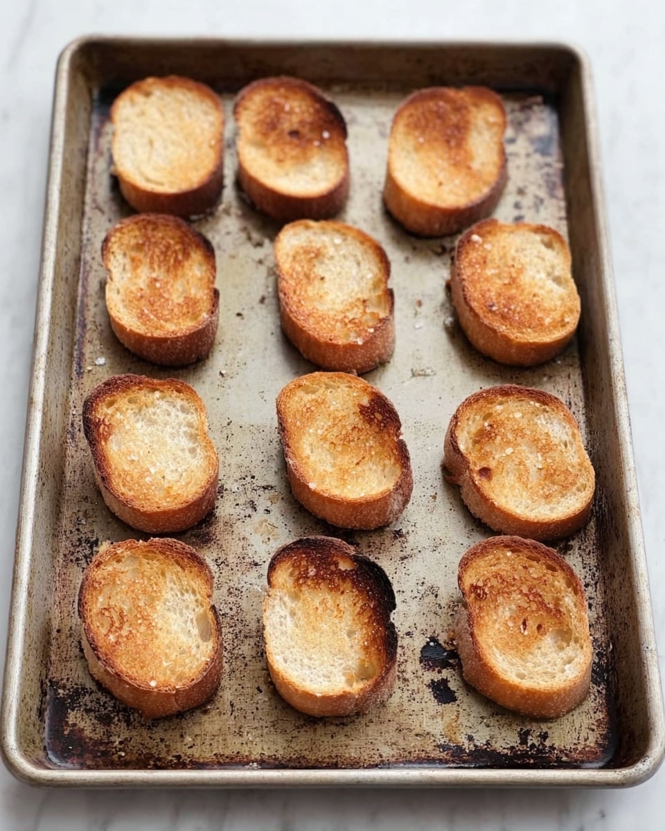 The image shows fifteen toasted bread slices arranged in three rough rows on a metal baking tray with a worn, slightly stained surface. Each piece of bread is golden brown with some darker, more toasted spots, showing crisp texture on top. The bread edges appear crunchy and slightly uneven, while the inside looks softer and more porous. The tray is placed on a white marbled surface. photo taken with an iphone --ar 4:5 --v 7
