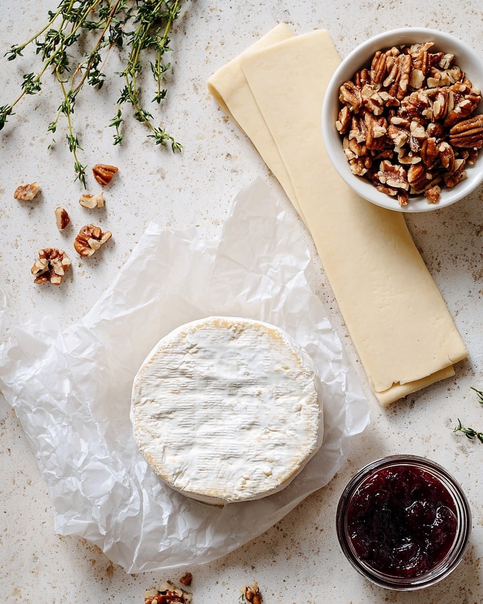 The image shows a round cheese wrapped partially in crumpled white paper sitting on a white marbled surface, next to two long folded sheets of pale yellow pastry dough stacked slightly unevenly. Above the cheese and dough, there is a small white bowl filled with chopped brown pecans, and next to it a small glass jar of dark red jam with a glossy texture. A few green sprigs of fresh thyme are placed at the top left corner on the white marbled surface. The overall colors are soft beiges, browns, and whites with a natural, fresh feel photo taken with an iphone --ar 4:5 --v 7