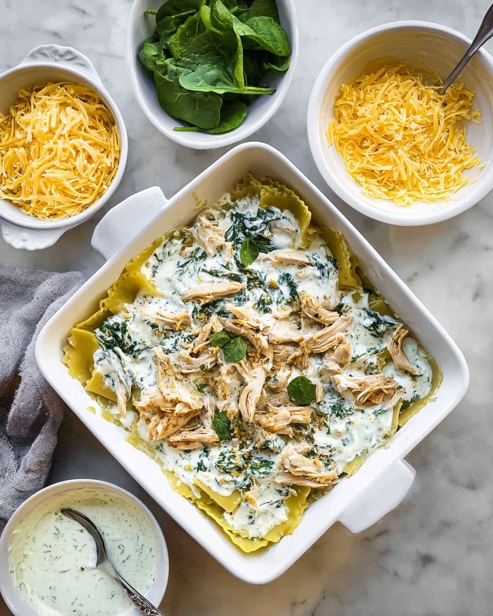 The image shows a white square baking dish with a layered dish inside. The bottom layer is flat pasta sheets, above which there are shredded light brown pieces of cooked chicken. On top of the chicken is a layer of shredded yellow cheese, covered by a creamy white sauce dotted with dark green spinach leaves. Around the baking dish are small white bowls filled with fresh green spinach leaves, shredded yellow cheese, shredded chicken, and a creamy white sauce mixed with spinach. A fork is partially dipped in the bowl of creamy sauce. The setting is on a white marbled surface. photo taken with an iphone --ar 4:5 --v 7