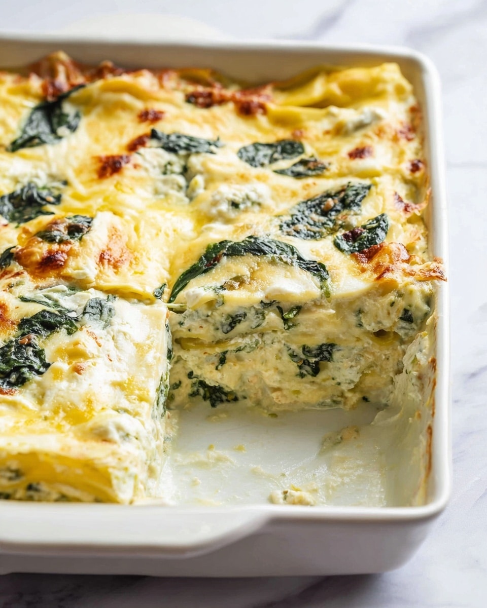 A square piece of lasagna sits on a white plate with ridged edges, showing multiple layers. The bottom layer looks creamy white with melted cheese. Above it is a thin layer of pasta. Next comes a thick creamy white layer mixed with spinach leaves, adding dark green color and texture. Another narrow pasta layer follows. The top layer is light golden melted cheese with more spinach leaves on it. Some grated cheese is sprinkled on the plate around the lasagna. A fork rests near the lasagna on the plate. The plate is on a white marbled surface. Photo taken with an iphone --ar 4:5 --v 7