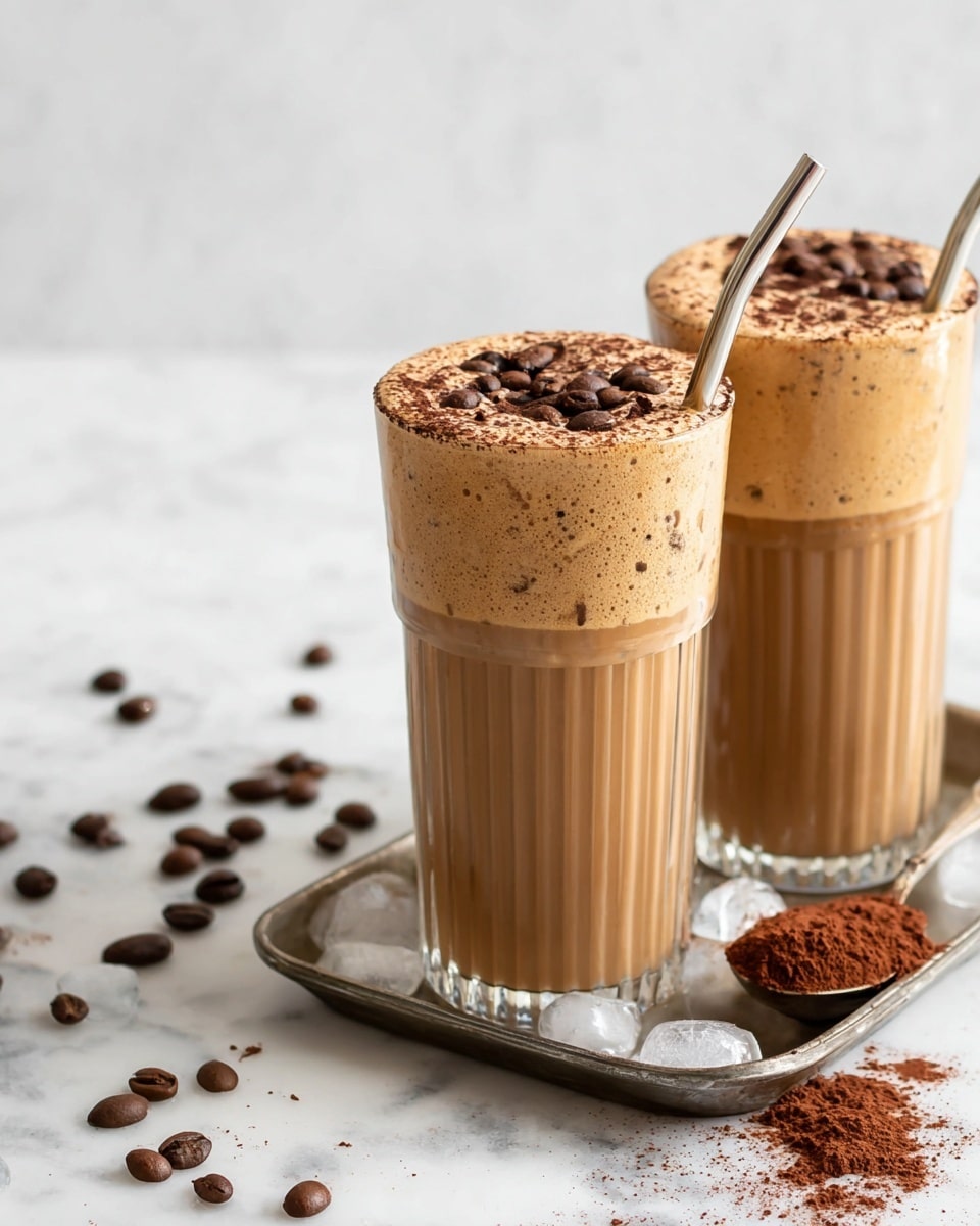Two glasses filled with a light brown frothy coffee drink topped with dark brown cocoa powder and several shiny dark coffee beans scattered on the surface. A metal straw is placed in the right glass. Both glasses rest on a white marbled surface with some coffee beans spread around, and a spoon with cocoa powder sits nearby. The overall look is creamy, textured, and inviting. photo taken with an iphone --ar 4:5 --v 7