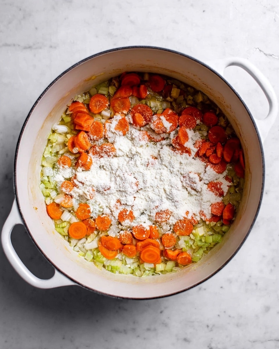 Inside a large white pot, there are two visible layers: the bottom layer is a mix of finely chopped green celery and translucent onions cooked in oil, giving a shiny texture, while the top layer has bright orange carrot slices sprinkled with a heap of white flour dusted unevenly over them. The pot sits on a white marbled surface, and the view is from above, showing the round handles of the pot on each side. photo taken with an iphone --ar 4:5 --v 7
