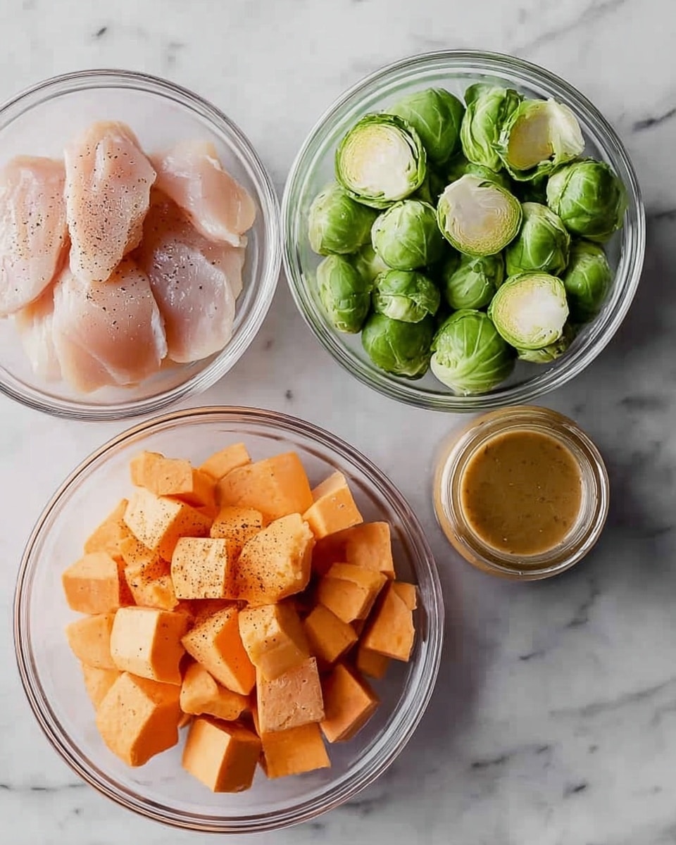 The image shows four clear glass bowls and a small glass jar arranged on a white marbled surface. The bottom left bowl contains three raw, pale pink pieces of chicken with light black pepper seasoning. The bottom right bowl is filled with cubed orange sweet potato pieces, smooth and moist looking. The top right bowl holds bright green Brussels sprouts, some halved to reveal their lighter inner layers and texture. At the center top, a small jar with a honey brown sauce is visible, the liquid inside smooth and shiny. photo taken with an iphone --ar 4:5 --v 7