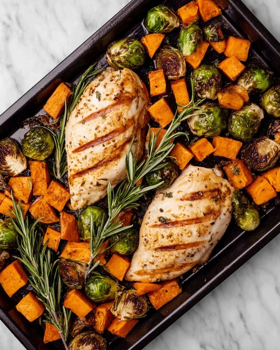 Two large light brown chicken pieces with slight grill marks sit in the middle of a black baking tray, surrounded by roasted bright orange cubes of sweet potato and green Brussels sprouts that are browned on the edges. Sprigs of fresh green rosemary are scattered across the tray, adding a touch of color contrast to the warm tones of the vegetables and chicken. The tray is on a white marbled surface. photo taken with an iphone --ar 4:5 --v 7