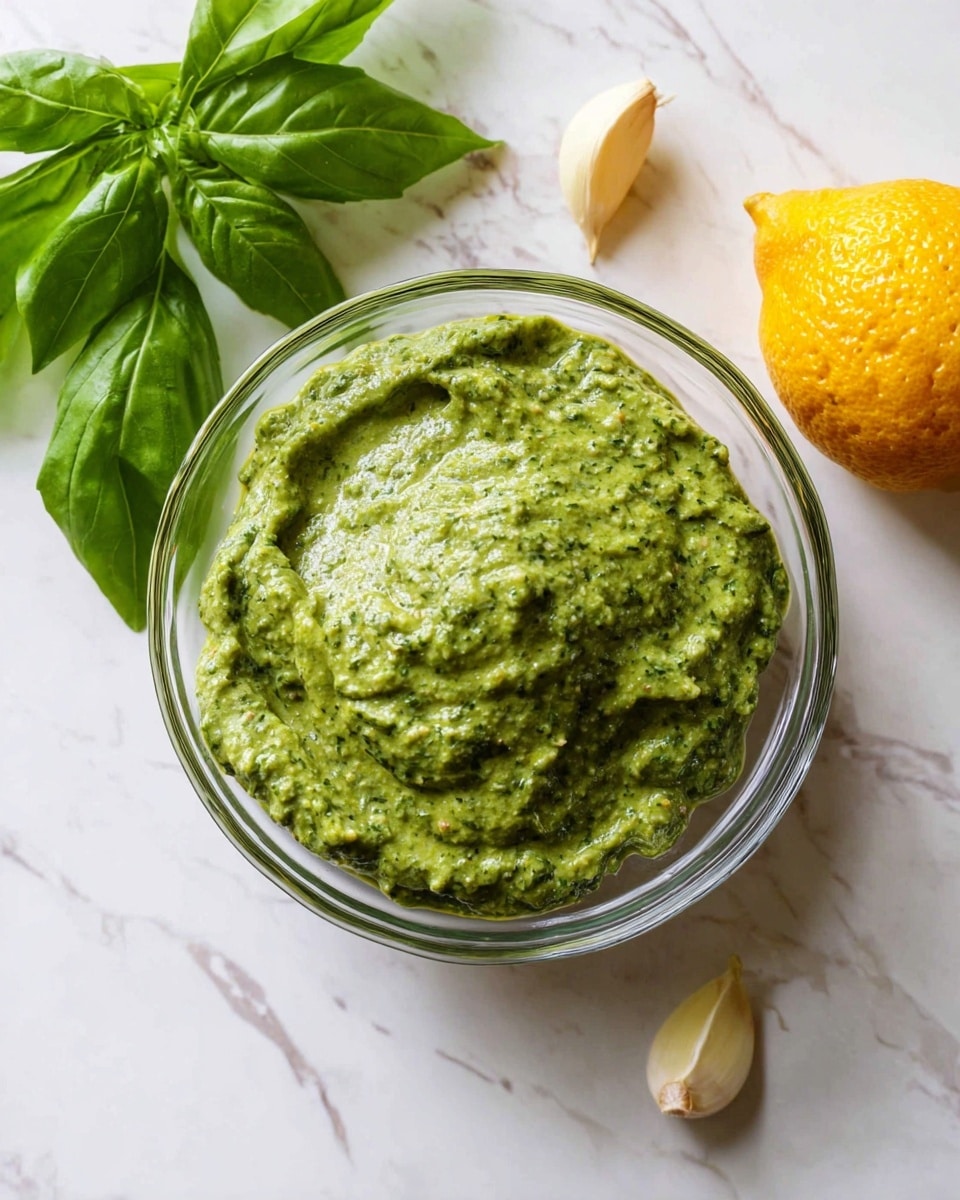 A clear glass bowl filled with a thick, textured green pesto sauce sits on a white marbled surface. The pesto appears creamy with small flecks of herbs and nuts throughout its uneven surface. To the left of the bowl, a bundle of fresh bright green basil leaves, a partially peeled garlic clove, and a halved yellow lemon with its textured peel are placed nearby, adding a natural and fresh feel to the scene. photo taken with an iphone --ar 4:5 --v 7