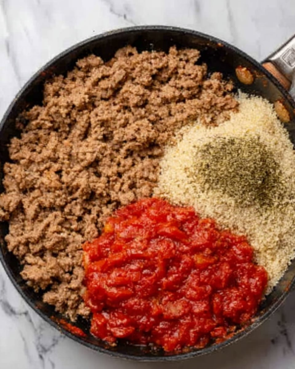 The image shows a black pan on a stove filled with three separate sections of food. On the left side, there is a large amount of cooked ground meat with a crumbly texture and brown color. On the right side, a chunk of red crushed tomatoes sits next to a pile of light beige dry quinoa. A sprinkling of green dried herbs lies between the dry quinoa and the crushed tomatoes, blending slightly with both. The background surface is white marble. photo taken with an iphone --ar 4:5 --v 7