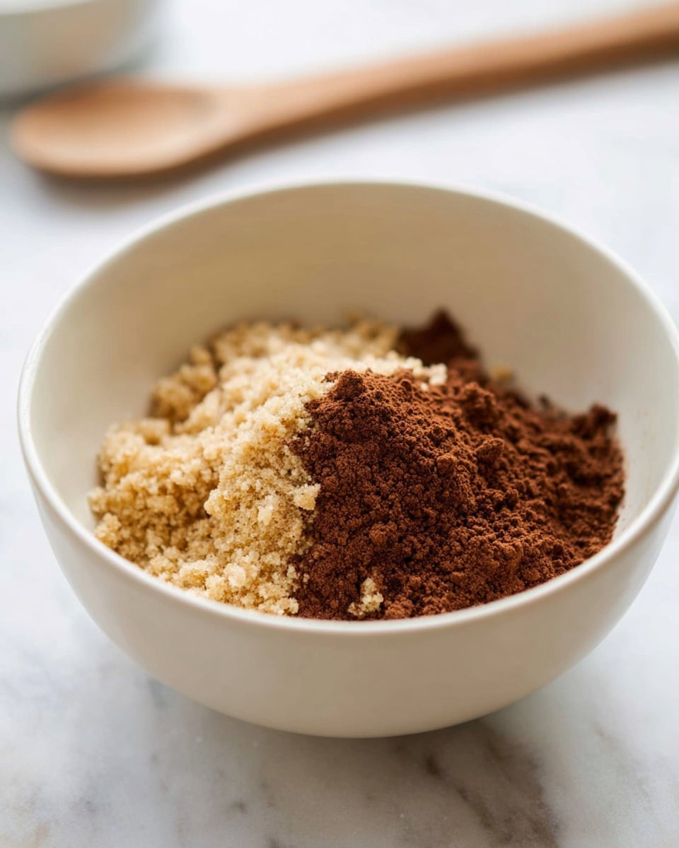 A white bowl sits on a white marbled surface, filled with two main layers of dry ingredients. The base layer is light brown with a crumbly texture, resembling raw brown sugar or soft crumbs. On top of this sits a mound of darker brown powder, smooth and fine, likely cocoa powder. The mix shows clear division between the two colors and textures in the bowl. In the background, out of focus, there is a wooden spoon lying on the white marbled surface. Photo taken with an iphone --ar 4:5 --v 7