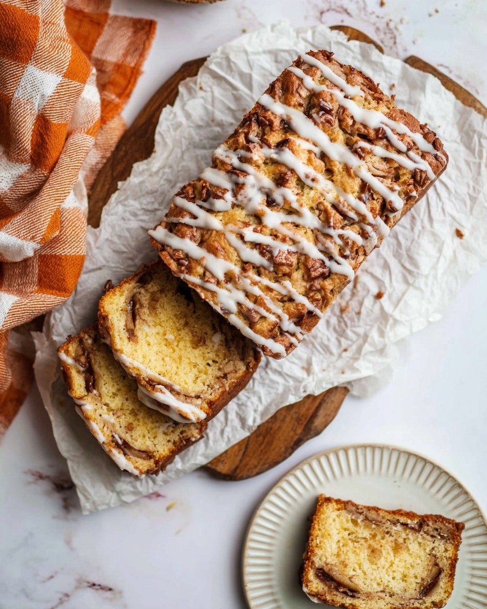 A loaf of cinnamon swirl bread with a crackled white icing drizzled on top, showing two visible layers inside; the top and bottom layers are light golden with a soft texture, while the middle layer has swirls of dark cinnamon and chunks of banana spread unevenly throughout the slice. The bread rests on crinkled white parchment paper on a white marbled surface, with a single slice laid flat next to the loaf, both displaying the moist and dense texture inside. Photo taken with an iphone --ar 4:5 --v 7