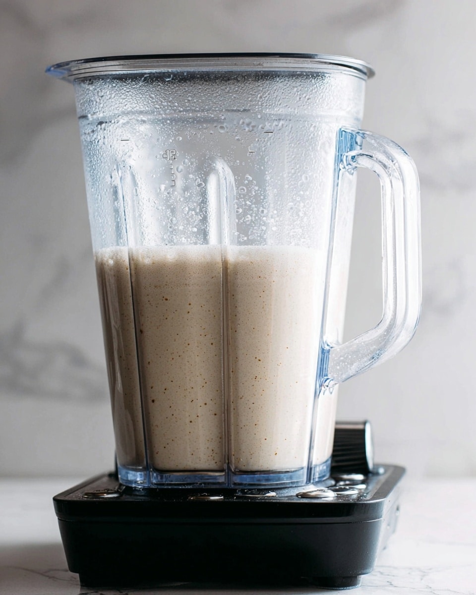 A clear blender container filled halfway with a creamy, light beige liquid that has small brown specks scattered throughout. The liquid shows bubbles on the surface, suggesting it is being blended. The blender is placed on a black base with buttons visible at the front. The background and surface have a white marbled texture. The scene is lit softly, highlighting the frothy texture inside the blender. photo taken with an iphone --ar 4:5 --v 7