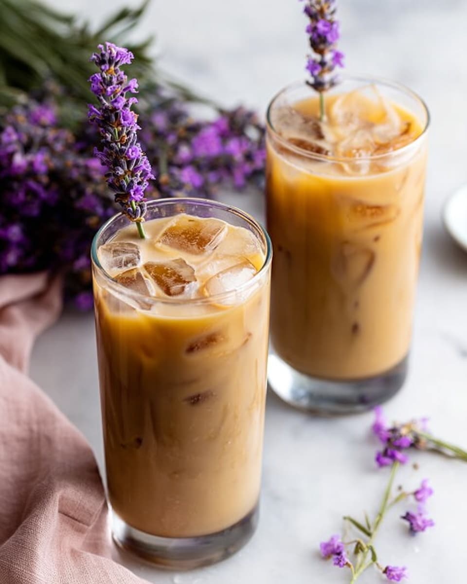 Two tall clear glasses filled with iced coffee that has a light brown creamy color and ice cubes floating at the top layer. Each glass has a sprig of purple lavender flowers standing upright as decoration. The drinks are placed on a white marbled surface with some lavender sprigs and small purple flowers scattered around. Next to the glasses, there is a light pink soft cloth adding a soft texture to the scene. The photo taken with an iphone --ar 4:5 --v 7