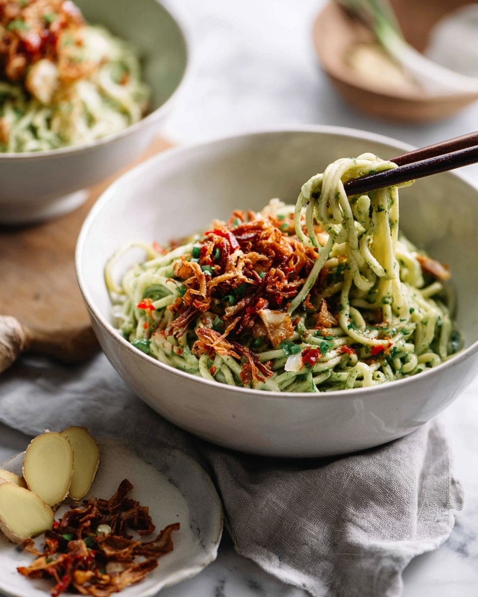 A white bowl filled with noodles coated in a green sauce sits on a white marbled surface. The noodles are topped with a layer of crispy brown fried shallots and a drizzle of red chili sauce. Dark chopsticks rest inside the bowl, lifting some noodles. Around the bowl, there are slices of fresh ginger and a small white plate holding more fried shallots. A light gray cloth is under the bowl, adding texture to the scene. Another white bowl with a similar noodle dish is blurred in the background. Photo taken with an iphone --ar 4:5 --v 7