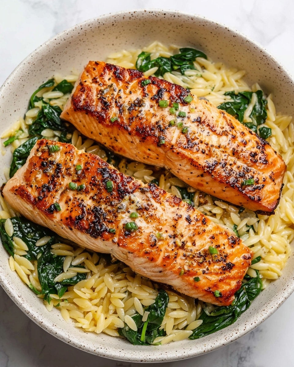 This image shows four pieces of cooked salmon with a golden brown, slightly crispy surface, resting on a creamy bed of light beige pasta that looks soft and coated in sauce. The salmon pieces are thick, with visible grill marks and small sprinkles of green herbs on top. The pasta is mixed in a sauce that looks smooth and slightly shiny, giving a moist texture around the salmon. The pan holding the food has a black inside and the background is a white marbled texture with steam gently rising from the warm dish, creating a fresh and inviting look. photo taken with an iphone --ar 4:5 --v 7