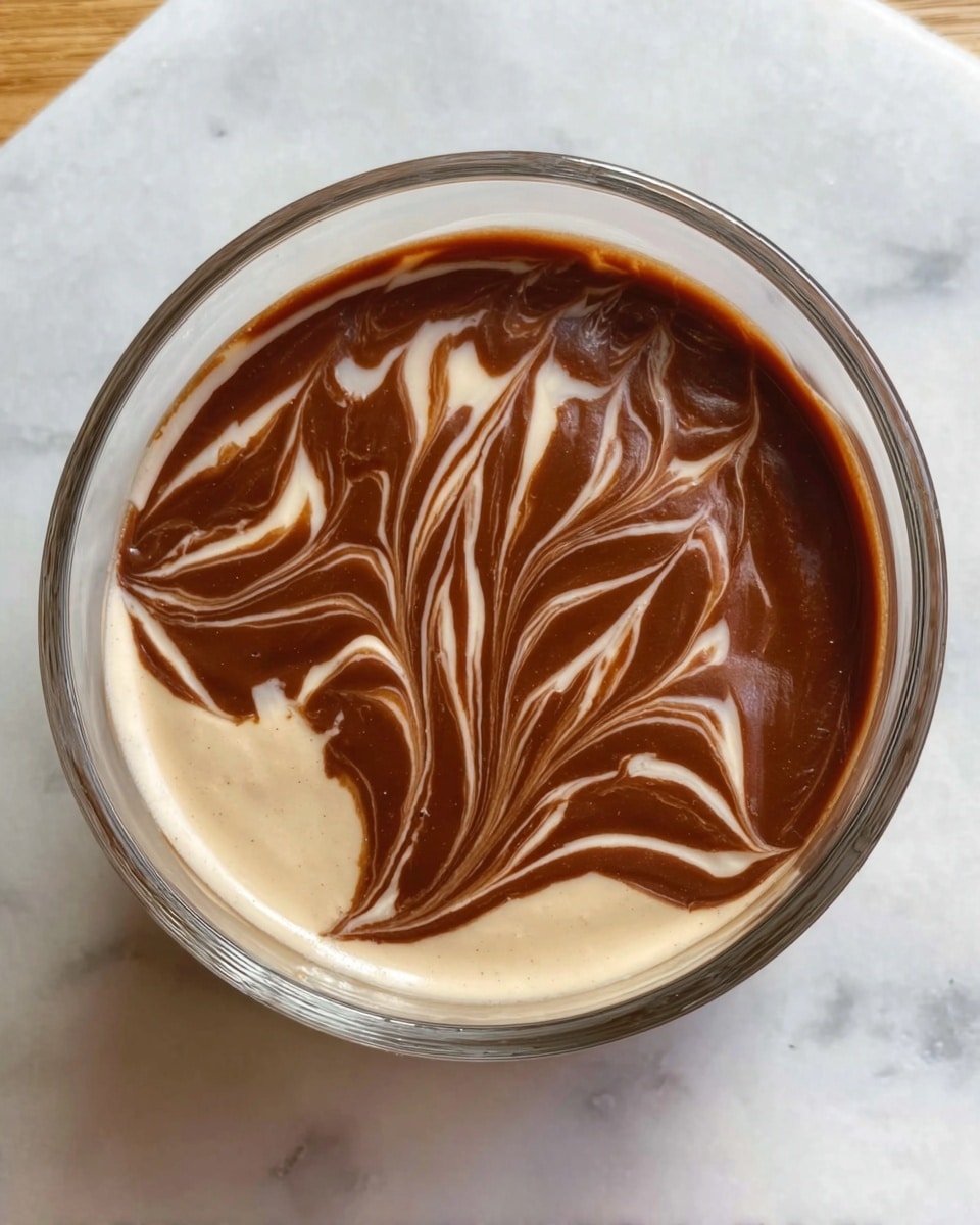 A clear glass bowl filled with two layers of cream. The bottom layer is light beige and smooth. On top is a darker brown layer with a shiny, creamy texture. Both layers are swirled on the surface in a pattern of light beige and dark brown waves. The bowl is placed on a white marbled surface. Photo taken with an iphone --ar 4:5 --v 7