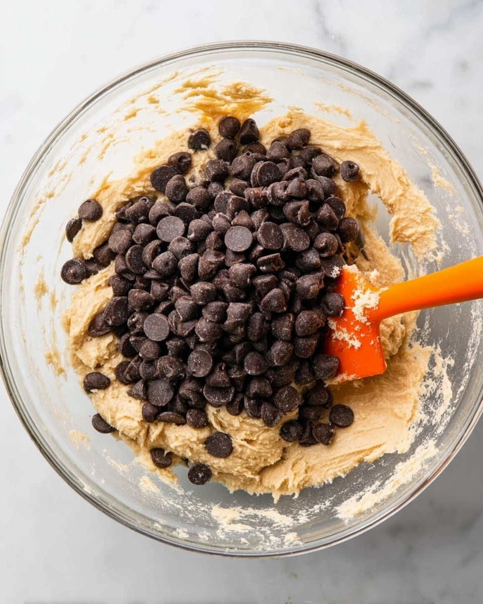 A clear glass bowl sits on a white marbled surface filled with a thick, light beige batter. On top of the batter, there is a large pile of dark brown chocolate chips scattered unevenly. An orange silicone spatula is partially inserted in the batter on the right side, coated with some batter and chocolate chips. The bowl has some batter residue along the sides showing the mixing action. Photo taken with an iphone --ar 4:5 --v 7