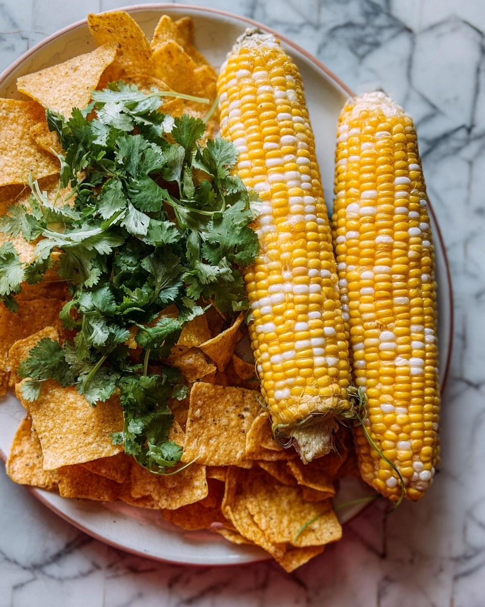 The image shows a white plate resting on a white marbled surface, filled with two ears of yellow and white corn stacked on the right side. On the left side, there are crispy yellow tortilla chips layered unevenly, topped with fresh green cilantro leaves that add a bright touch to the dish. The textures of the corn kernels are smooth and shiny, while the chips are crunchy and slightly browned at some edges. The cilantro leaves have a delicate, feathery texture and vibrant green color, resting lightly on both the chips and the corn cobs. Photo taken with an iphone --ar 4:5 --v 7