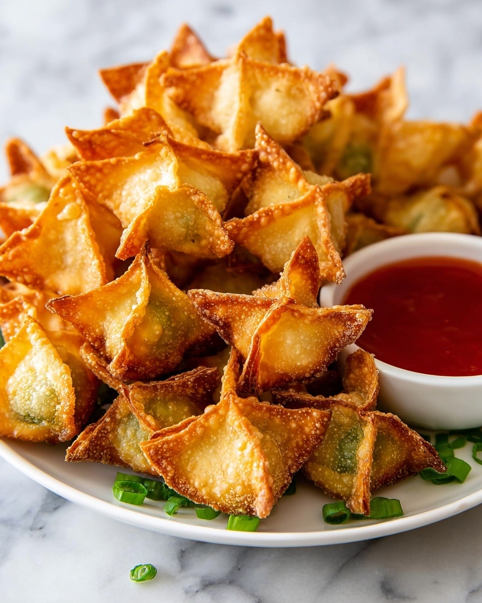 The image shows many golden-brown crispy wonton triangles stacked on a white plate, each with a slightly bubbled and crunchy texture on the edges. One wonton at the top has a creamy white filling visible, looking soft and smooth. The plate is garnished with small pieces of green onion scattered around the bottom. To the right of the stack, there is a small white bowl filled with bright red dipping sauce. The background and surface have a clean white marbled texture. photo taken with an iphone --ar 4:5 --v 7