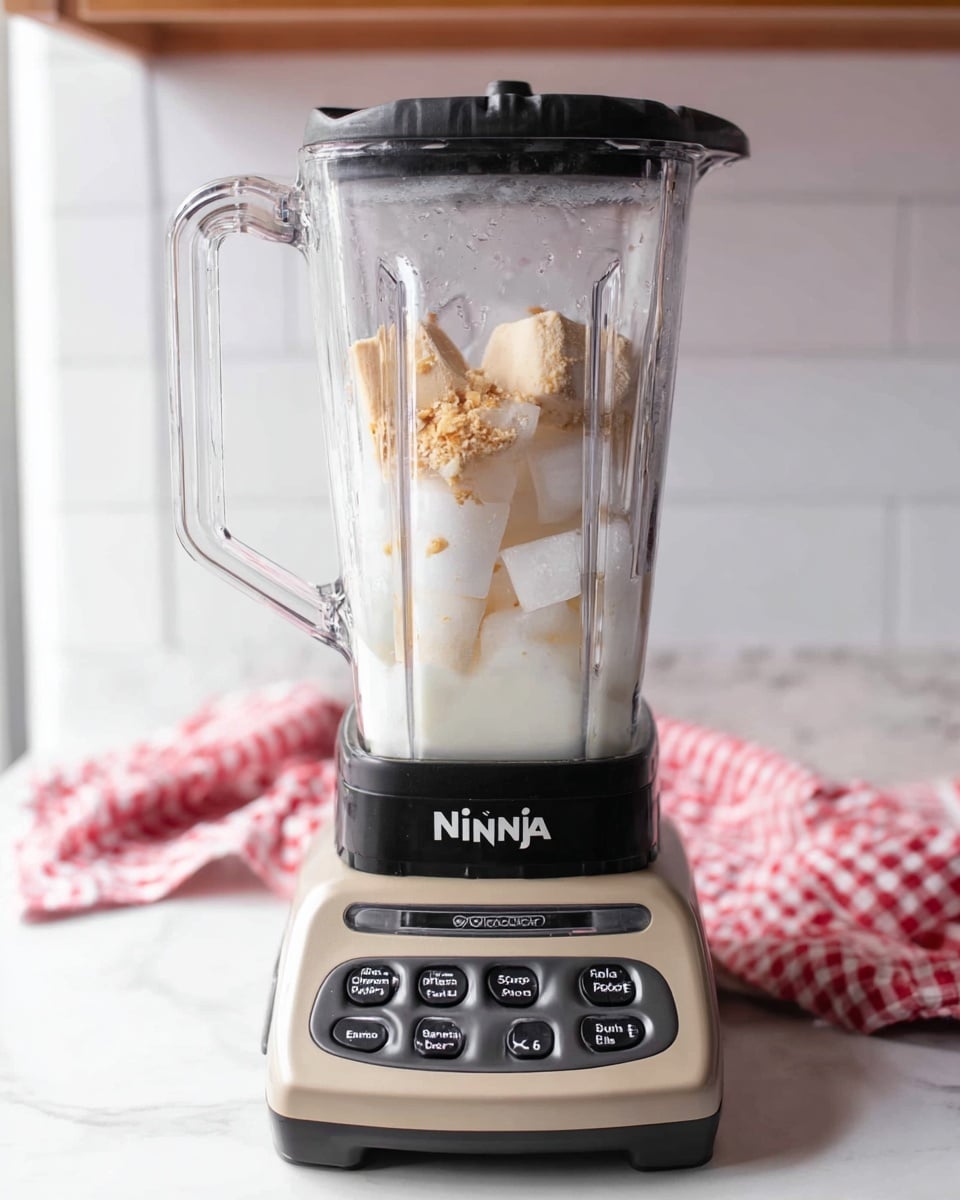 A clear blender container filled with layers of ingredients: at the bottom, a light creamy white layer, followed by medium-sized ice cubes, then a very light creamy layer with some small pieces of tan flakes scattered on top. The container is mounted on a beige and black Ninja blender base with buttons labeled Power, Single Serve, Pulse, Hi, and Lo. The whole scene is set on a white marbled surface with a soft blurred white kitchen background and a red and white checkered cloth to the right. Photo taken with an iphone --ar 4:5 --v 7