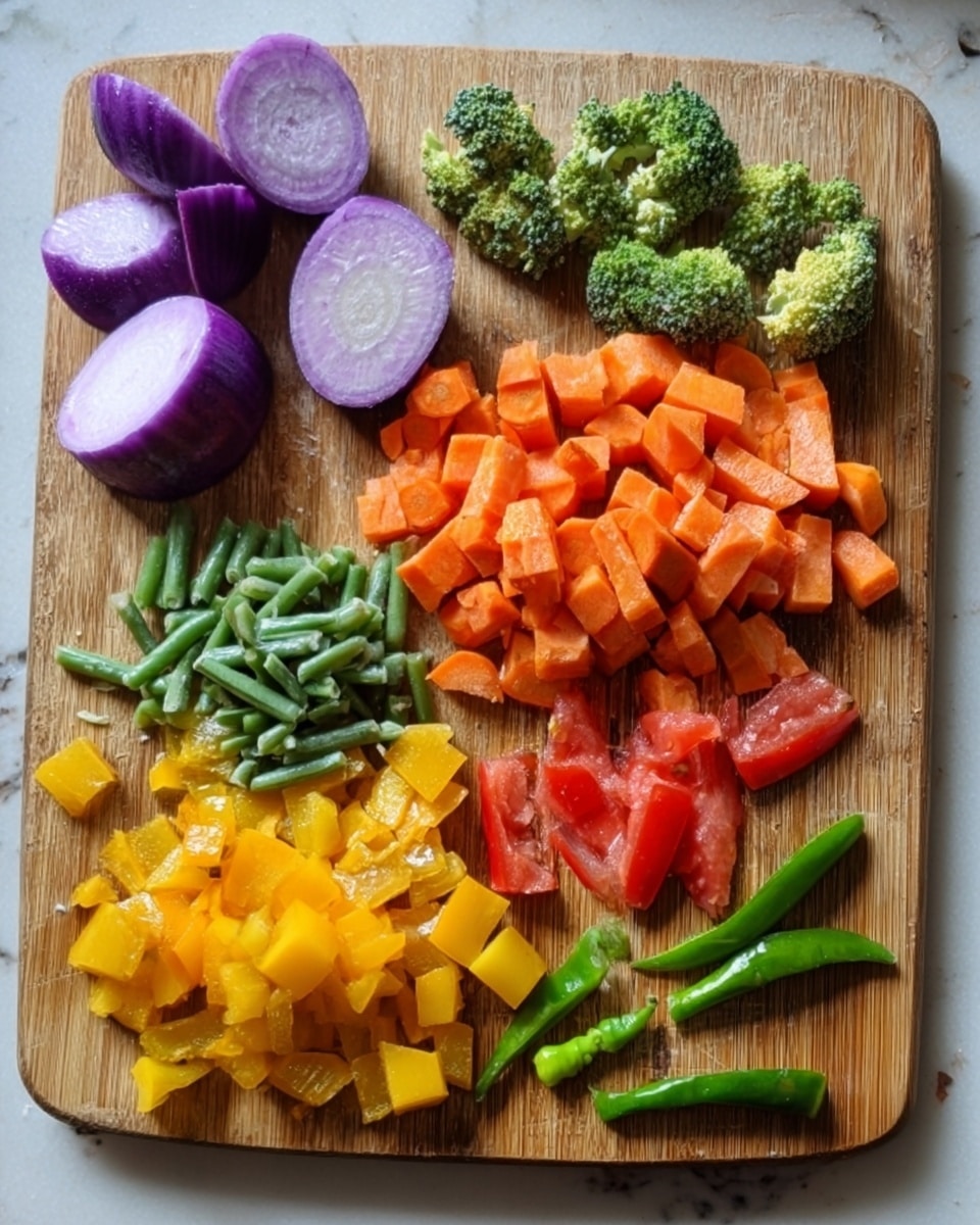 The image shows a wooden cutting board with various chopped vegetables spread across it in neat groups. In the top left, there is a large purple round vegetable cut into quarters with white inside. Below it, there are short green beans cut into smaller pieces. In the middle, bright orange carrot chunks are cut into thick slices. At the bottom right, a mix of yellow and green bell peppers is cut into small square pieces. To the top right, tomato wedges with a bright red color sit next to two small green chili peppers. Above the carrots, there are two small green broccoli pieces. The wooden board sits on a white marbled surface. photo taken with an iphone --ar 4:5 --v 7