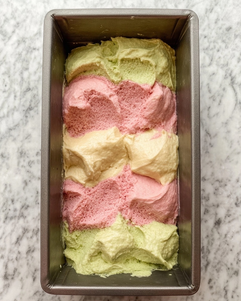 A rectangular baking pan filled with three kinds of dollops of batter placed side by side. The left and right sides have light green batter with a smooth, creamy texture, while the middle parts contain pink batter with a slightly grainy look, laid thick and dense. On top of these two batters, pale yellow dollops with a light, airy texture are scattered mostly along the middle, resting unevenly on the green and pink layers. The pan is placed on a white marbled surface. Photo taken with an iphone --ar 4:5 --v 7