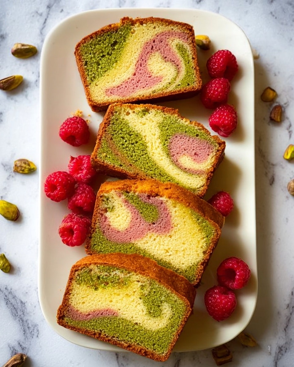 Five slices of marbled cake with swirls of green, pale yellow, and pink colors lie on a white plate. The cake slices have a soft texture and light brown crust edges. Scattered around the cake slices on the plate are whole pistachios and bright red raspberries, adding a pop of color. The plate is placed on a white marbled surface. Photo taken with an iphone --ar 4:5 --v 7