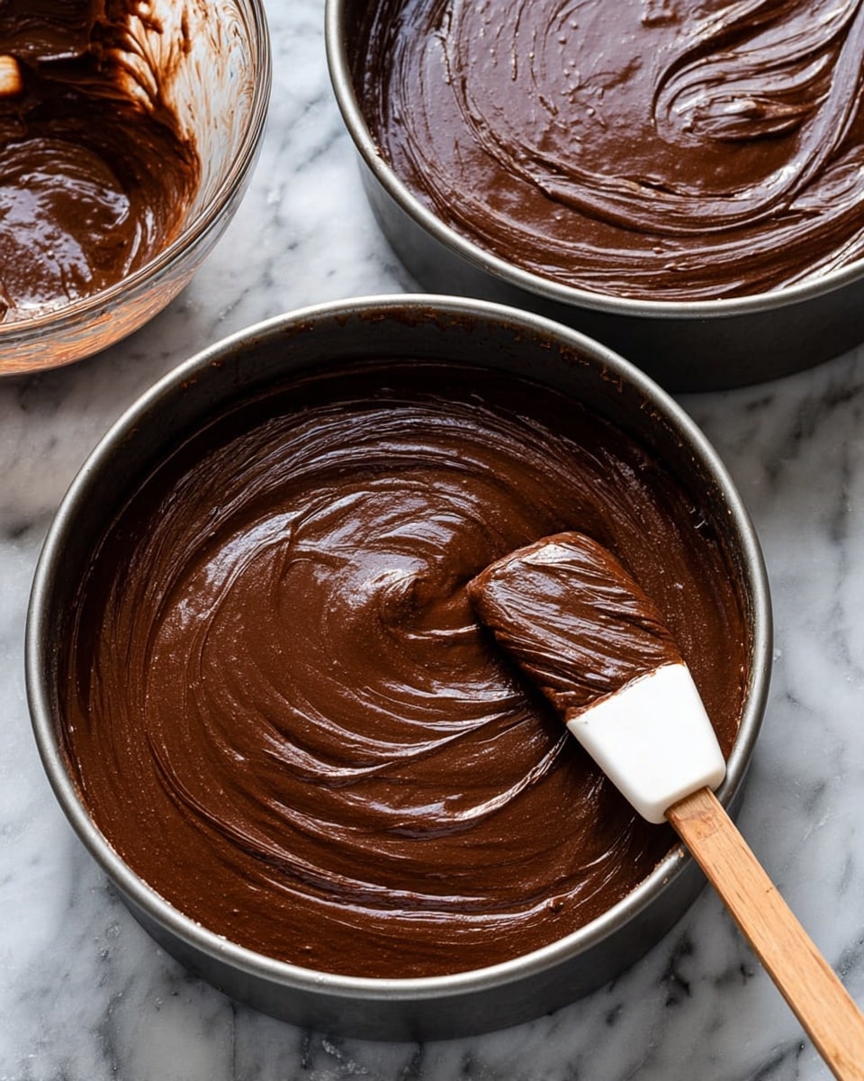 The image shows two round metal cake pans filled with smooth, shiny, dark brown chocolate batter. The batter has a thick, creamy texture and is spread evenly in both pans with gentle swirling patterns on the surface. A wooden spatula with a white silicone head rests in the batter of the pan in the foreground, lifting a small amount of the chocolate mixture. The background includes a clear glass bowl with some chocolate batter residue. The pans are set on a white marbled surface. photo taken with an iphone --ar 4:5 --v 7