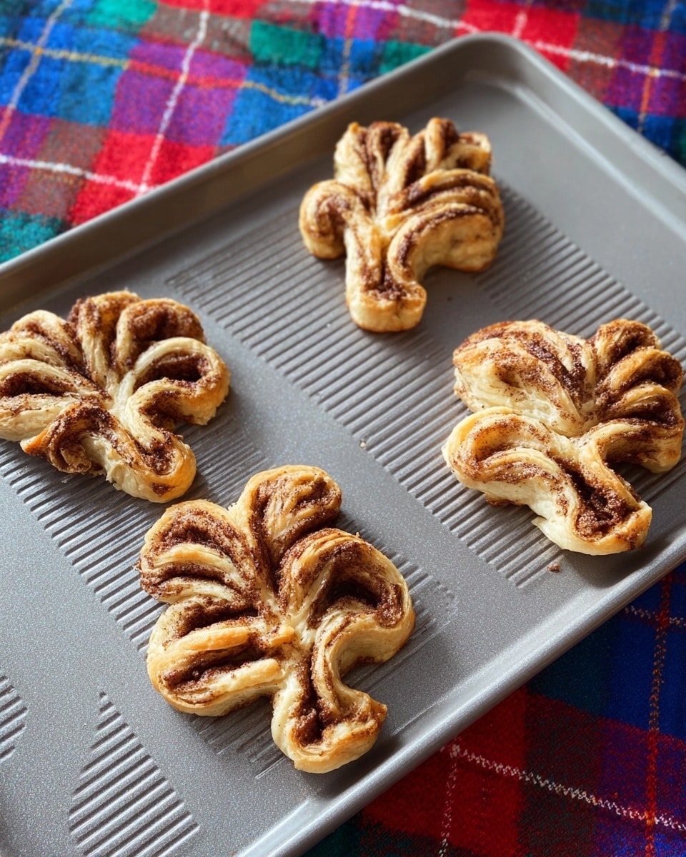 The image shows four folded pastries on a grey baking tray with round grooves. Each pastry has several folded layers, with a light golden-brown color on the outer edges and darker brown swirls inside, indicating a cinnamon or chocolate filling in between the layers. The pastries have a rough and flaky texture, and their shapes are irregular but similar, with some parts curling up. The baking tray rests on a bright plaid cloth with red, blue, white, and green stripes. The photo taken with an iphone --ar 4:5 --v 7