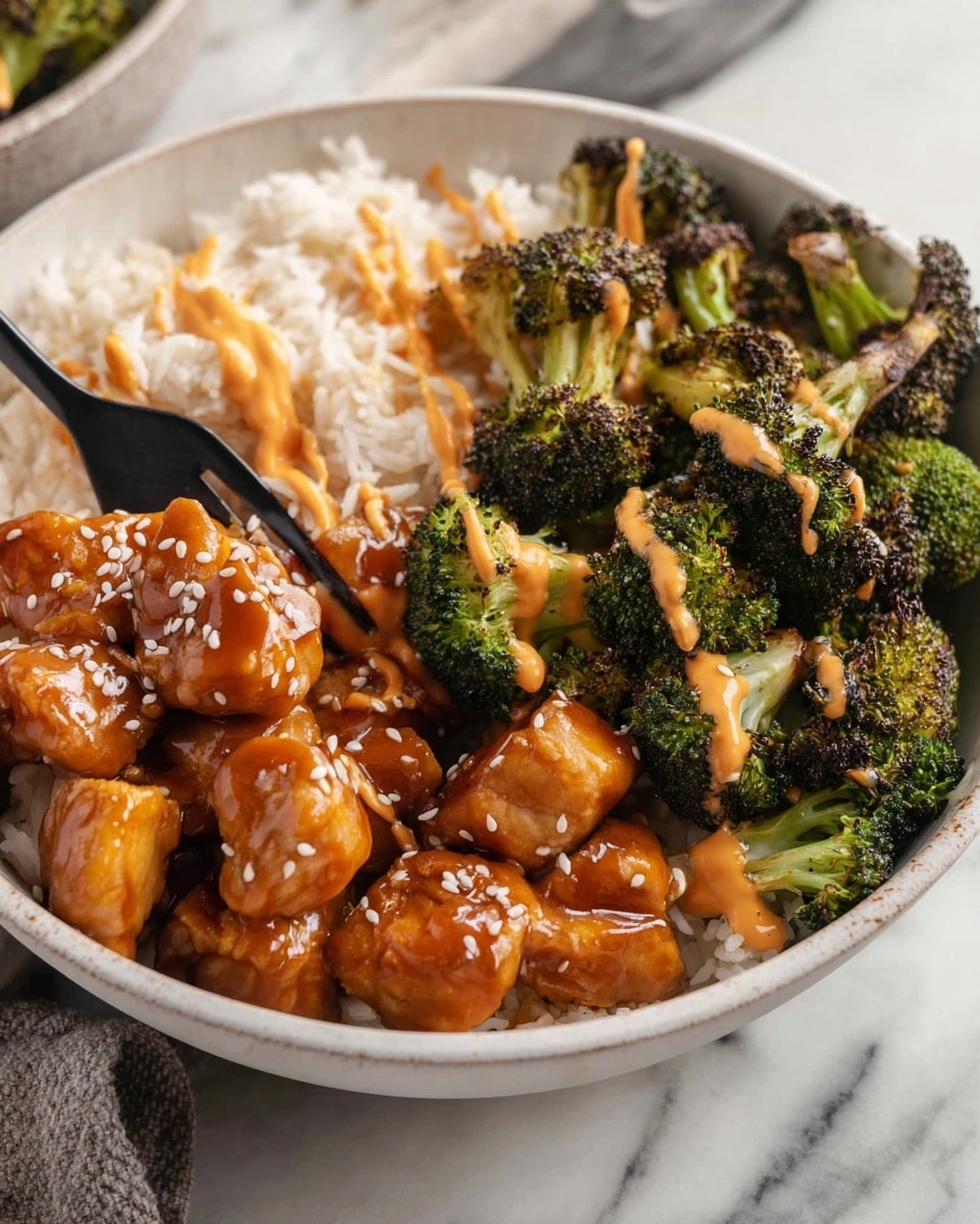 The image shows a white bowl filled with three main layers. On the left side, there are golden brown pieces of saucy chicken with a glossy texture sprinkled with white sesame seeds. On the right side, there is a pile of charred green broccoli florets drizzled with an orange creamy sauce. Behind the broccoli and chicken, there is a serving of fluffy white rice with some orange sauce drizzled on top. A black fork is placed inside the bowl near the chicken pieces. The bowl is placed on a white marbled surface. photo taken with an iphone --ar 4:5 --v 7