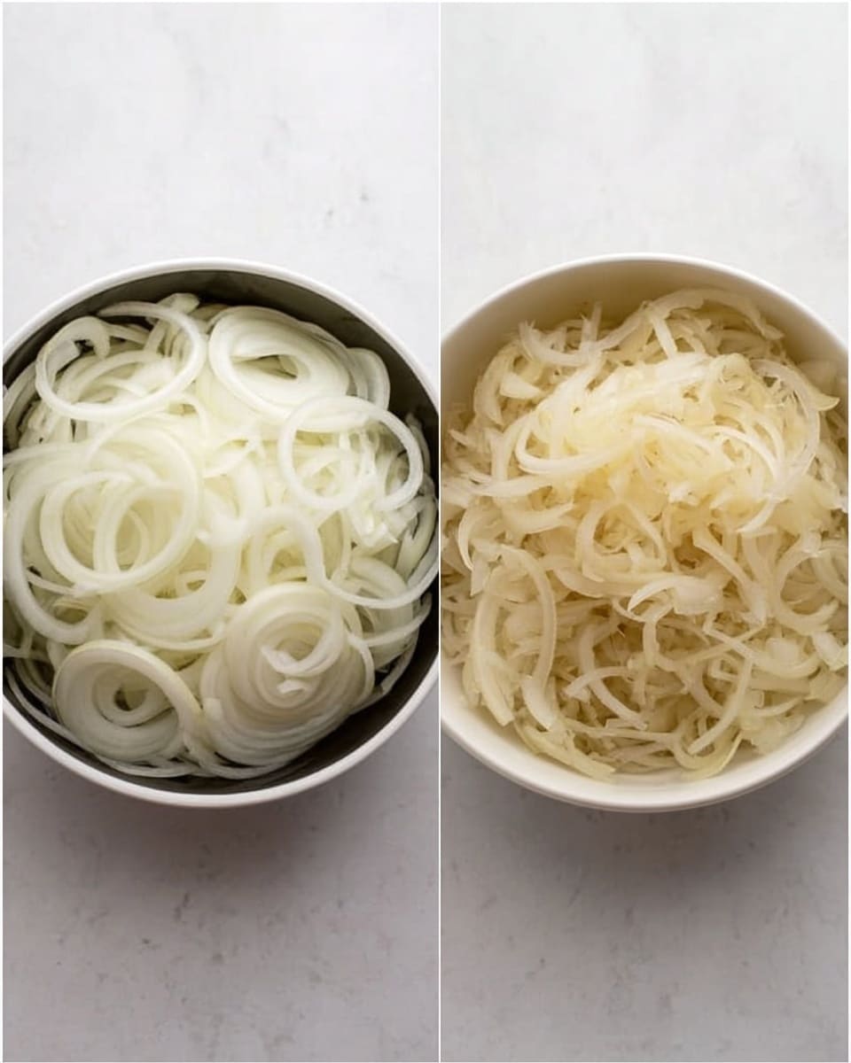 The image shows two round white bowls placed side by side on a white marbled surface. The bowl on the left is filled with raw, thinly sliced white onion rings stacked loosely in layers, displaying their circular shape and delicate texture. The bowl on the right contains cooked onion slices that have turned soft and slightly translucent, still retaining their thin shape but appearing softer and more compact in the bowl. Both bowls highlight the change in texture and color from raw to cooked onions. Photo taken with an iphone --ar 4:5 --v 7