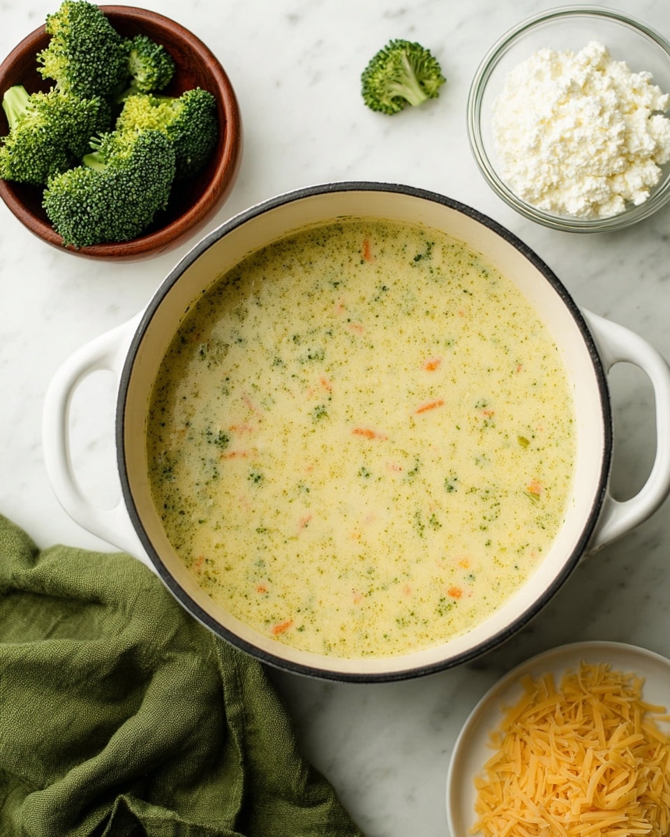 A white pot filled with creamy broccoli soup that has small green broccoli bits and tiny orange carrot pieces mixed evenly throughout, showing a smooth and slightly bubbly texture on the surface. To the left side, there is a brown bowl holding several fresh broccoli florets and one loose broccoli floret on the white marbled surface. To the upper right, a small clear glass bowl contains white cottage cheese with visible curds. Below it, on a white plate, there is a small pile of shredded yellow cheese. A green cloth is folded and placed on the white marbled surface to the lower left of the pot. photo taken with an iphone --ar 4:5 --v 7