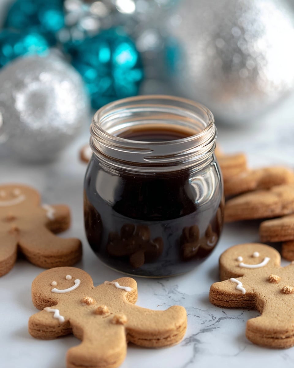 A clear glass jar filled with dark brown liquid is placed in the center on a white marbled surface. Around the jar, there are several light brown gingerbread cookies shaped like little people with smiling faces and button details, arranged casually in the foreground and background. The background shows a shiny silver ornament and blurred blue-green decoration, adding a festive feel. The overall look is clean and bright with a soft focus on the jar and cookies, photo taken with an iphone --ar 4:5 --v 7