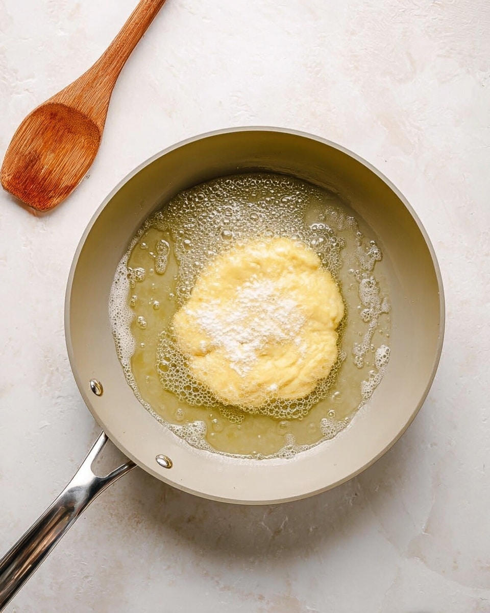A round piece of dough is frying in clear bubbling oil inside a light gray frying pan with a shiny metal handle, placed on a white marbled surface. To the left of the frying pan, there is a wooden spatula resting on the surface. The frying dough is light yellow with some white flour spots on top, and the oil around it shows small air bubbles rising. photo taken with an iphone --ar 4:5 --v 7