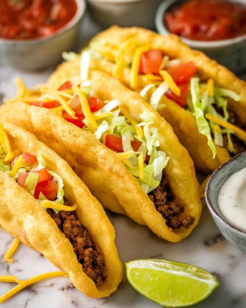 Four tacos are arranged side by side on a white marbled surface, each with a fluffy, light golden fried shell that looks soft and slightly puffy. Inside the shell, the first bottom layer is a dark brown, crumbly cooked meat. Above the meat is a layer of shredded light green lettuce. Fresh, cubed bright red tomatoes rest on top of the lettuce, adding a fresh contrast. The final top layer is a sprinkle of thin, shredded orange cheddar cheese. The trays holding the tacos have a rustic appearance. Photo taken with an iphone --ar 4:5 --v 7