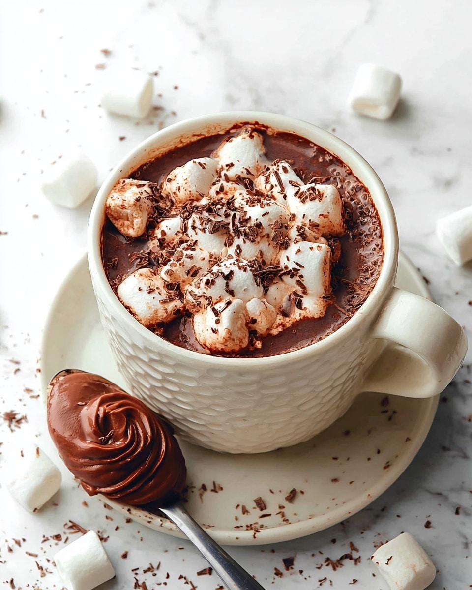 A white textured mug filled with dark rich hot chocolate topped with a layer of white, puffy marshmallows that are slightly toasted with brown edges, sprinkled with fine chocolate shavings on top; the mug sits on a white plate with a spoon resting beside it, the spoon holding a swirl of smooth chocolate spread; scattered marshmallows and chocolate shavings dot the white marbled surface around the plate, with soft natural light enhancing the warm and cozy feel. photo taken with an iphone --ar 4:5 --v 7