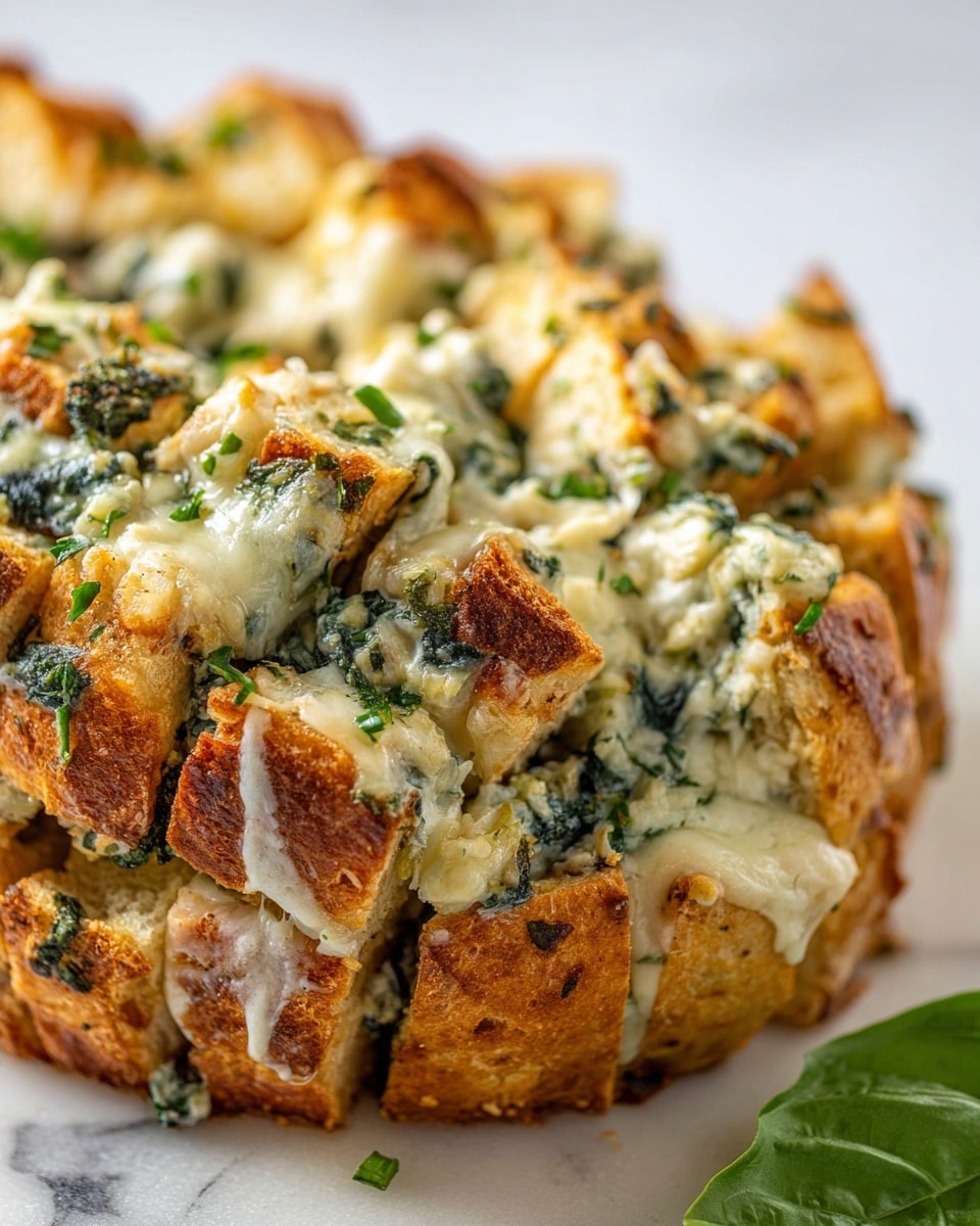 The image shows a close-up of a baked pull-apart bread made with thick chunks of golden brown bread layered with melted white cheese and green spinach mixed with herbs. The bread pieces are stacked closely with the cheese slightly browned on top and melted into the spaces between the bread chunks, giving a soft and creamy texture. Small bits of chopped green herbs are sprinkled over the whole bread, adding color and freshness. The bread sits directly on a white marbled surface, with a small green basil leaf visible on the side. The photo is taken with an iphone --ar 4:5 --v 7