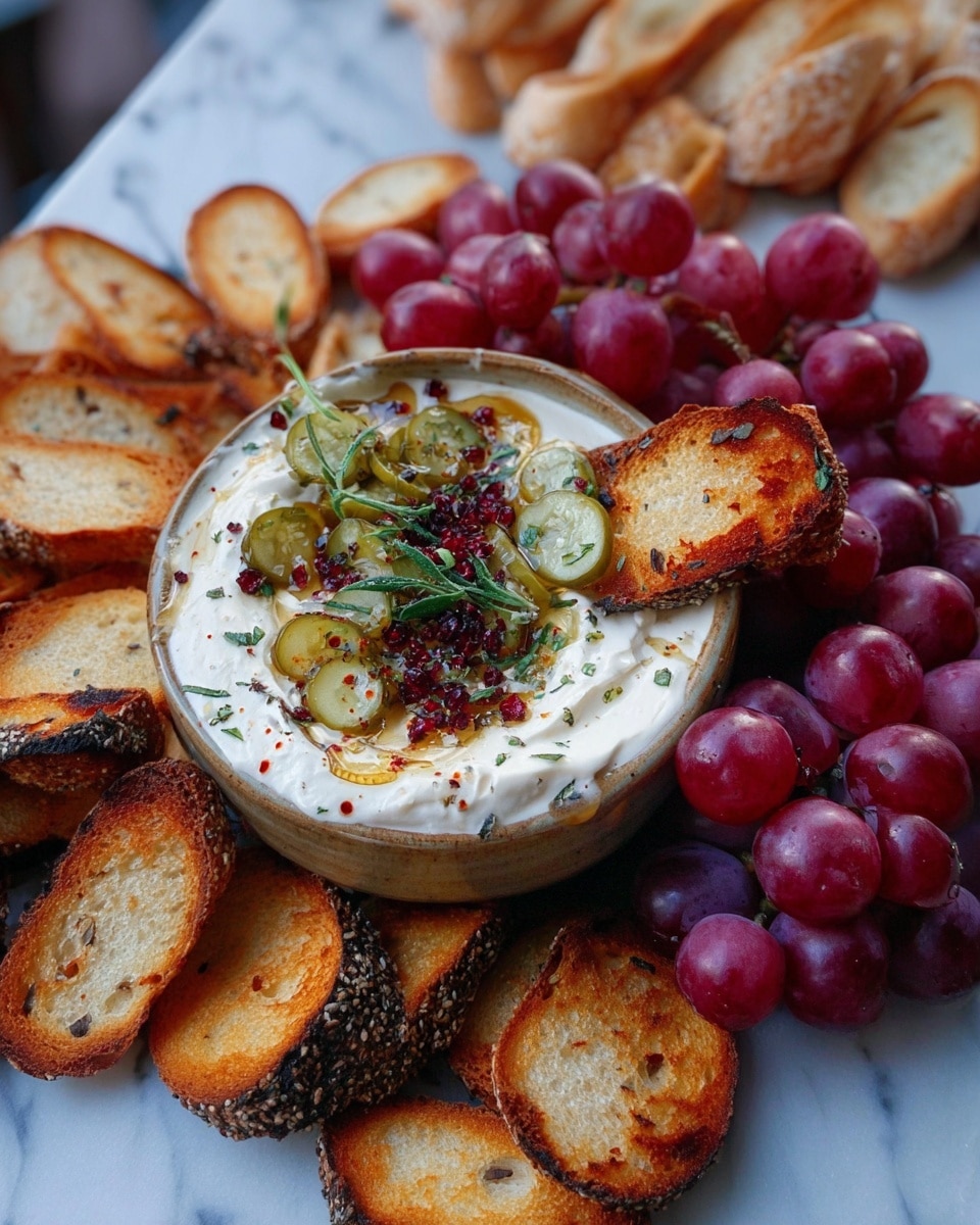 A small round bowl filled with a thick white cream topped with sliced green pickles, red dried berries, a drizzle of honey, and a small sprig of green herb in the center. The bowl is placed in the middle of a pile of toasted golden-brown and dark seeded bread chips, surrounded by a bunch of fresh red grapes. The whole arrangement sits on a white marbled surface. photo taken with an iphone --ar 4:5 --v 7