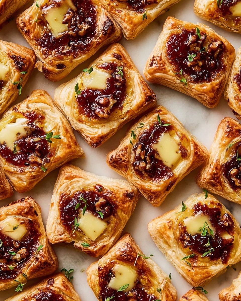 The image shows many square-shaped puff pastries placed close together on a white marbled surface. Each pastry has a golden-brown, flaky crust with several layers that look light and crisp. In the center of each pastry, there is a thick layer of red jam with darker spots where it has cooked. On top of the jam, there are small pieces of melted pale yellow cheese with smooth and slightly browned edges. Small chunks of chopped nuts, dark brown in color, are scattered on top of the cheese and jam, adding a rough texture. Tiny green herb leaves are sprinkled on the pastries for a fresh touch. The photo taken with an iphone --ar 4:5 --v 7