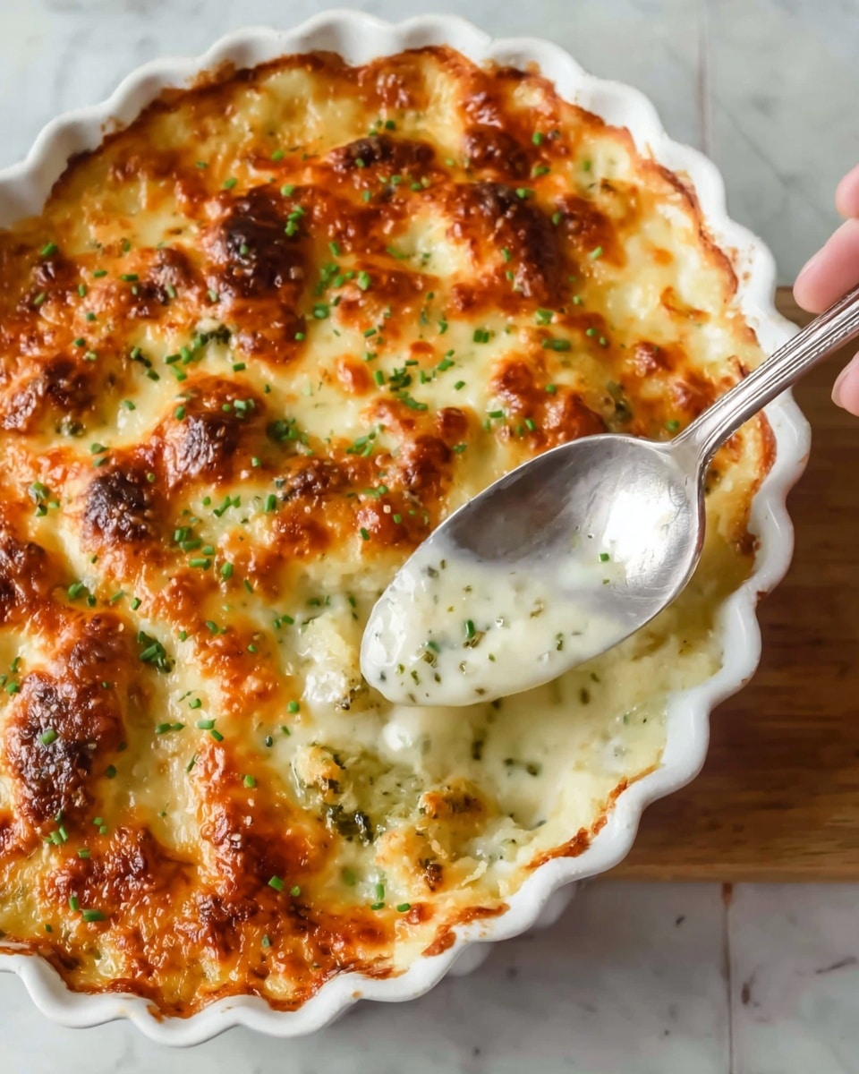 A white ceramic dish filled with a creamy baked casserole showing a golden-brown cheese crust on top, with some bubbly, browned spots from the baking. The crust is textured with small green bits sprinkled across, likely chives or herbs, adding a fresh contrast to the browned cheese. The thick, creamy sauce underneath is visible where a shiny silver spoon with some of the sauce on it rests inside the dish’s scalloped edge. The dish sits on a white marbled surface, and a woman's hand is reaching from the right side, holding the spoon. Photo taken with an iphone --ar 4:5 --v 7