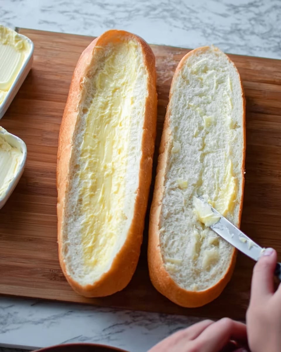 Two long pieces of white bread are lying open on a wooden board, each showing a soft, fluffy inside with a light golden crust edge. The front piece has a thin layer of yellow butter being spread on it with a small metal knife, held by a woman's hand visible in the bottom right corner. The knife presses slightly into the soft bread, making the surface look a little uneven. The background shows a white container with some more butter inside, placed on a white marbled surface. photo taken with an iphone --ar 4:5 --v 7