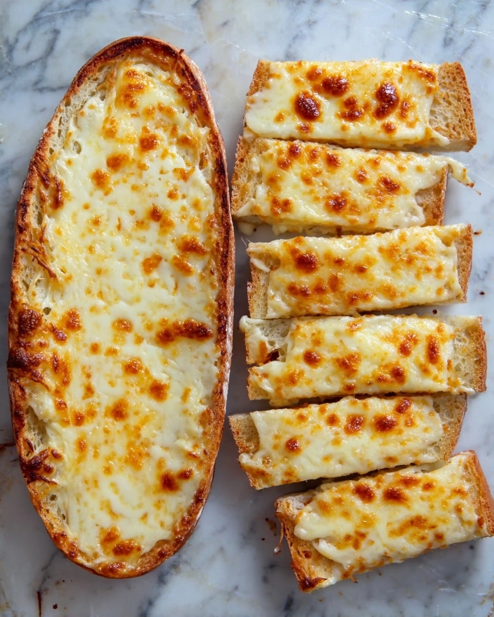 The image shows a toasted open sandwich with a single thick slice of light brown bread topped with melted cheese. There is one whole slice of the sandwich at the top of the image with a golden brown, bubbly cheese layer covering the entire surface. Below it, the same sandwich is cut into four slices with the same melted cheese layer on each, showing some cheese browning in spots. The bread looks crisp around the edges, and the cheese is mostly white with some yellow-orange patches. The whole setup is on a grey metal baking tray placed on a white marbled surface. photo taken with an iphone --ar 4:5 --v 7