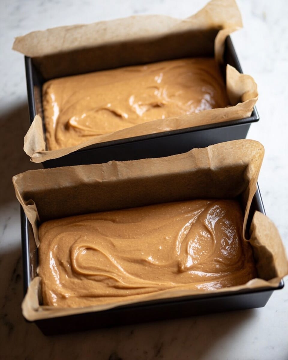 The image shows two black rectangular baking pans lined with light brown parchment paper, each filled with a smooth, light brown batter that has a thick, creamy texture with small swirls on the surface. The pans are placed side by side on a white marbled surface. One pan is filled evenly, while the other has slightly more batter with some batter stuck to the parchment paper's edge in the center. The parchment paper extends over the pans' sides, creating loose folds. Photo taken with an iphone --ar 4:5 --v 7