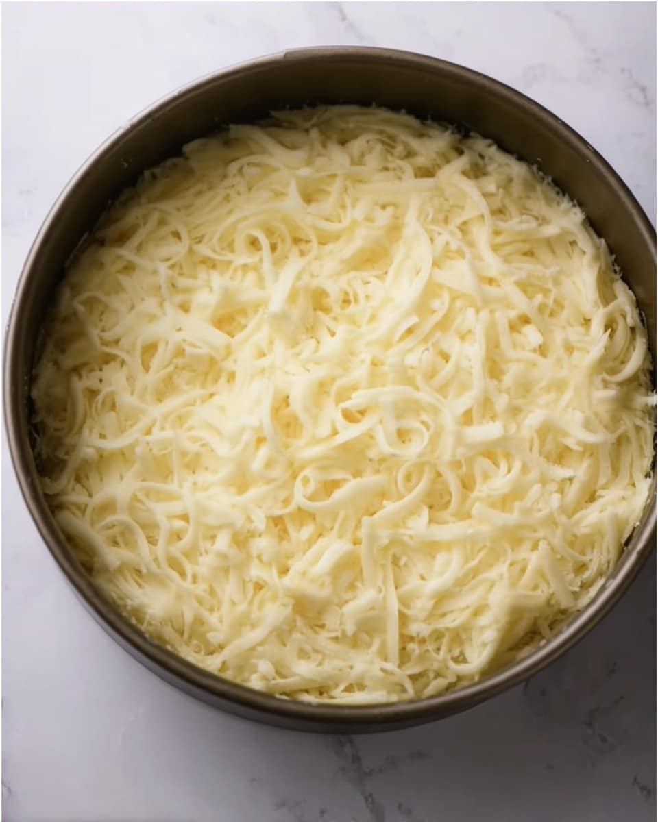 The image shows a close-up of a round baking pan filled with a smooth, thick layer of shredded light yellow cheese. The cheese covers the entire surface evenly, with soft, curly strands piled gently on top. The pan has a dark rim, and it is placed on a white marbled texture background. Photo taken with an iphone --ar 4:5 --v 7