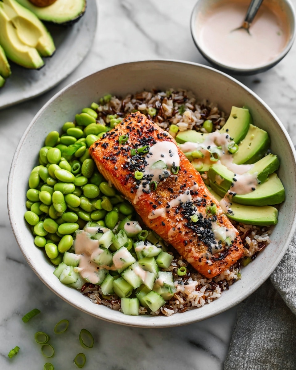 A white bowl sits on a white marbled surface, filled with four main layers: at the bottom, a mix of brown and wild rice with a slightly fluffy texture; on the left side, bright green edamame beans piled in a rounded shape; next to the edamame, chopped pieces of light green cucumber with a smooth texture; on the right side, thin slices of a bright green avocado fanned out neatly; on top of the rice and edamame sits a thick, rectangular piece of grilled salmon, deep orange in color with a slightly charred, textured surface, sprinkled with black sesame seeds and small bits of seasoning; the whole bowl is drizzled with a creamy, pale pink sauce spotted with black sesame seeds and garnished with thinly sliced light green scallions scattered around; a small white plate with avocado halves and a bowl with light pink sauce and a spoon appear blurred in the back in soft focus; photo taken with an iphone --ar 4:5 --v 7