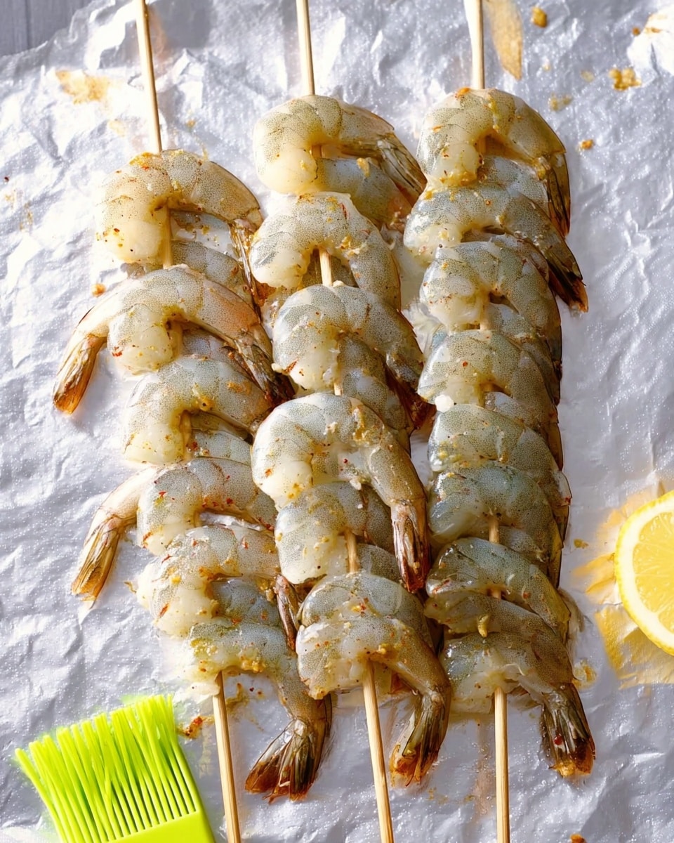 The image shows three wooden skewers laid out horizontally on a foil-lined surface with a white marbled texture. Each skewer holds several raw shrimp, arranged overlapping from tail to head, with a light grayish-blue color and some specks of seasoning giving them a slightly orange tint. The shrimp are evenly spaced and glistening, with their tails intact and slightly curved. In the top right corner, there is a small white lemon wedge with a bright yellow peel and juicy pale flesh, partially sliced. In the bottom left corner, a bright green silicone basting brush with thin bristles is placed near the skewers. The overall scene looks prepared for grilling or cooking, with a clean and fresh presentation. Photo taken with an iphone --ar 4:5 --v 7