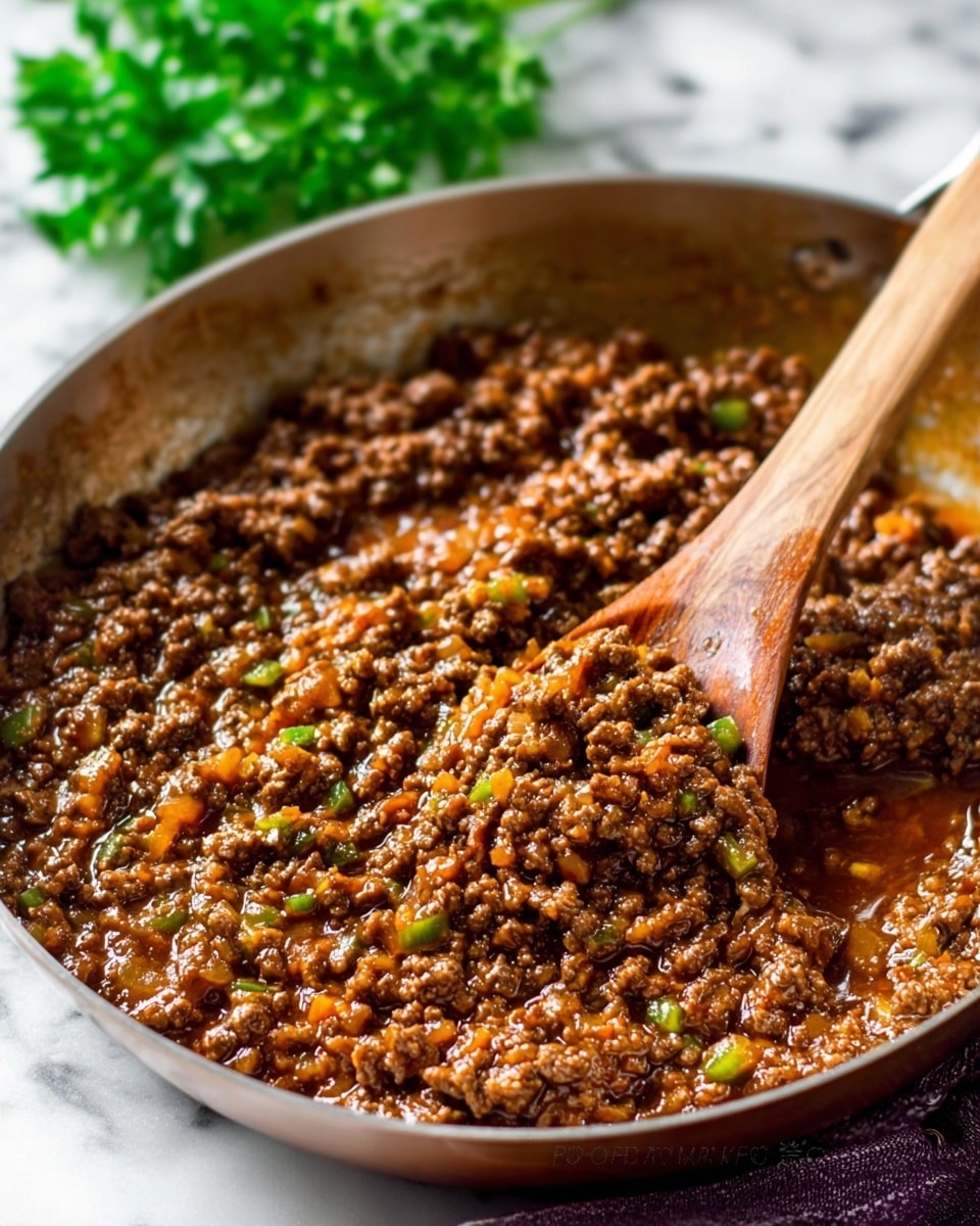 The image shows a shiny pan filled with cooked ground meat mixed with small pieces of green and orange vegetables in a thick brown sauce. A wooden spoon is scooping some of the meat mixture in the center. The meat looks soft and moist with a glossy texture. The pan sits on a white marbled surface with some green herbs in the blurry background. photo taken with an iphone --ar 4:5 --v 7